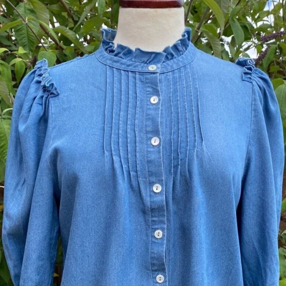 Wyse London‎ Denim Chambray Soft Frill Edge Pintuck Blouse Shirt Size S